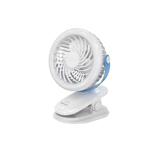 Goldmedal I-Lux 100 mm Portable Desk Mounted Clip Fan| Multi-Clip Function| Type-C USB-Powered Rechargeable Battery with 6-7 Hours Backup| Bright Light | Personal Fan for Home & Office (White-Blue)