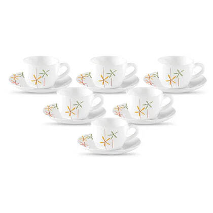 La Opala Princess Floral Assorted Colour Opalware Cup and Saucer Set 145 ml (12 pcs)