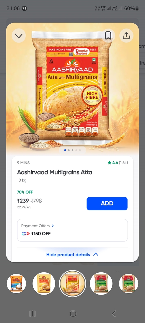 Aashirvad multigraina  Atta at 70% discount 239 for 10kg 