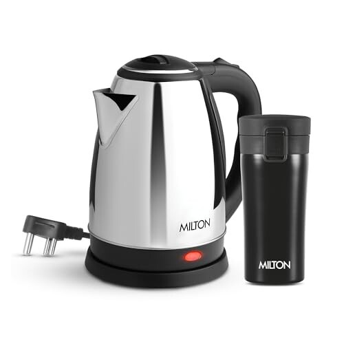 MILTON Go Electro 1.5L Fast Boil Kettle 1350W with 3x Safety Protection + 350ml Double Wall Vacuum Insulated Coffee Mug with Strainer, Stainless Steel Hot & Cold Combo for Home, Office, Travel,Gifting