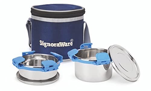 SignoraWare 500ml+350ml All Steel Executive Small Lunch Box with Bag, Food Grade BPA Free, Leak Proof and Air Tight Stainless Steel Containers, Compact and Sleek Tiffin Box (Set of 2 Blue)