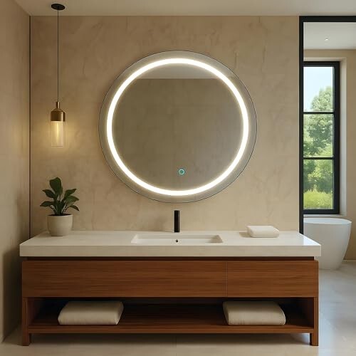 Amazon Basics Round Glass | 24 X 24 Inch Wall-Mounted LED Mirror with Smart Sensor 