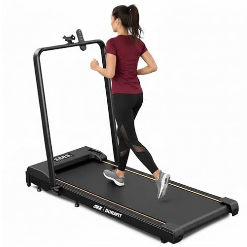 91-Durafit Compact 2.5HP Peak BLDC Motor Treadmill with Mobile Stand & Remote Control | 120 kg User Capacity | 6 km/h Max Speed | LED Display with Foldable Under-Desk Design | Home Use