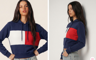 Tokyo Talkies Women Navy Blue & Red Colourblocked Hooded Sweatshirt