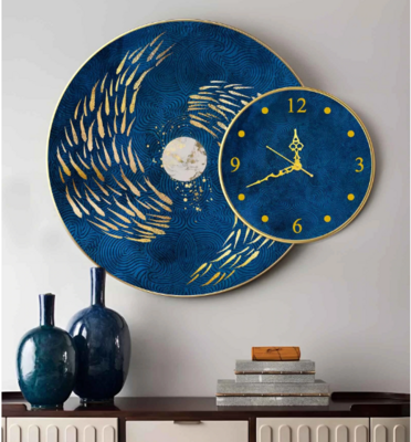 Blue Synthetic Wood Stretched Wall Art Painting With Clock