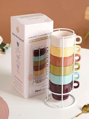 Nestasia Green & Brown 7 Pieces Ceramic Glossy Mugs With Holder 