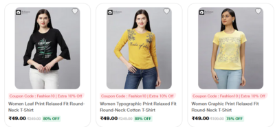 Women Round-Neck T-Shirt Starting Price Rs.49 - 70% to 80% Discount