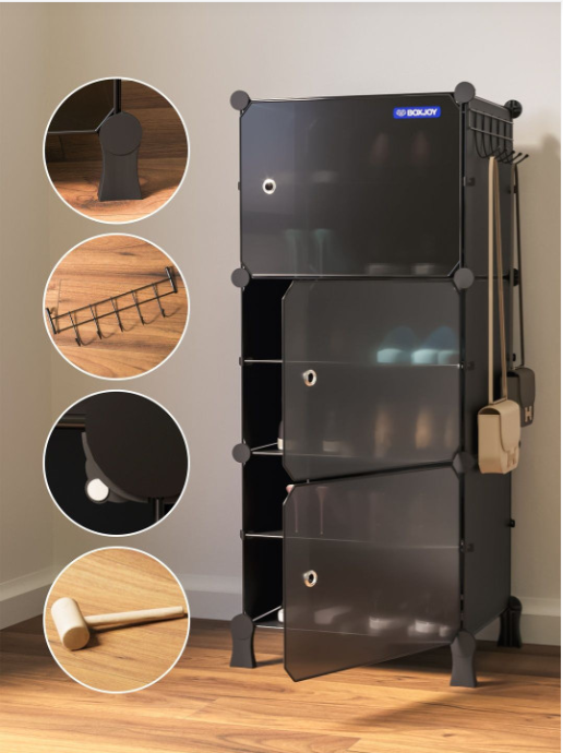 BOXJOY 6 Shelf Black Plastic Shoe Rack With Door Magnets Organizer For Home Storage -Shoe Rack for Unisex 37886036