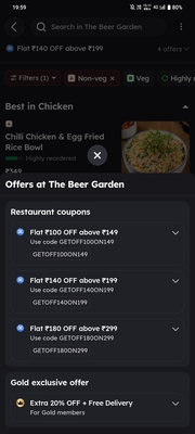 Zomato: 180 off on 300, location specific, restaurant specific 