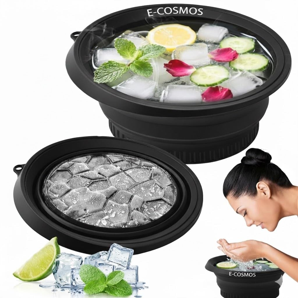 E-COSMOS® Silicone Collapsible Face Bowl with Built-in Ice Tray for Ice Baths and Soaking, Modern Round Design, BPA-Free, Dishwasher Safe, Black