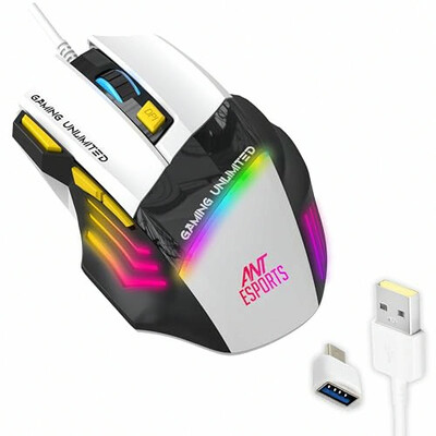 Ant Esports GM100 V2 Optical Gaming Mouse,7 Button Wired USB Mouse, 4000 FPS Sensor, 3600 DPI, RGB Lighting,1.5m PVC Cable, Ergonomic Design, for Windows PC, Laptop,Gaming & Office Use- Black & White