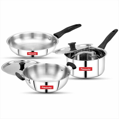 Butterfly Classic Stainless Steel Cookware 5 Pcs Set|Fry Pan 22Cm(1.4L)|Kadai 22Cm(2.2L)|Saucepan 16Cm(1.6L) with Steel Lids|Induction Base,Triply Bottom|