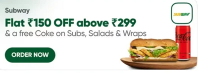 Swiggy Subway - Flat Rs. 150 OFF above ₹299 & Get A Free Coke on Subs, Salads & Wraps