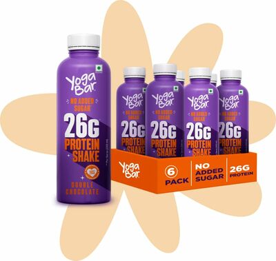 Yogabar 26g Protein Milk Shake, with 26g Protein, No Added Sugar - Ideal for Daily Protein Consumption, Workouts, Sports & more - Pack of 6 (250ml, Double Chocolate)