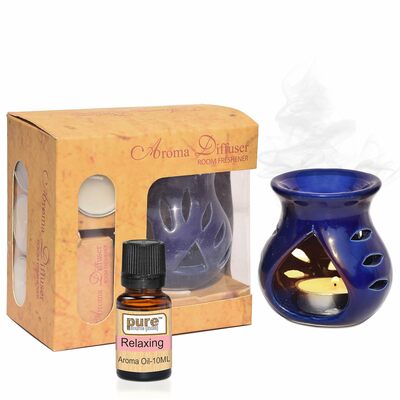 Pure Source India Ceramic Aroma Oil Diffuser Gift Set with 10ML Relaxing Oil & Tealight Candles | 97 Burner for Home Fragrance & Relaxation | Ideal for Gifting & Home Décor (Navy Blue)