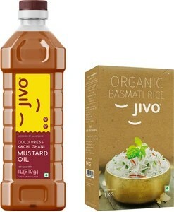 JIVO Mustard Kachi Ghani 1 Litre (Pet Bottle) + Organic Long Grain Basmati Rice 1 KG