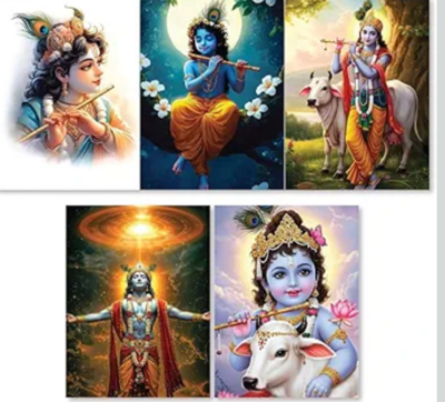 Bazaar : Krishna Ji Devotional Wall Posters Set (5) | 300 GSM HD Matte | 22×32 cm + Glue Drops