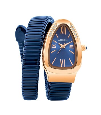 French Connection Eternelle Curve | Blue Dial with Rose Gold Case | Flexible Wrap Bracelet Strap | Crystal Accent Design | Roman Numerals Analog Watch for Women - FCN0142UM