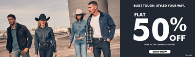 Wrangler - Flat 50% off | Buy 2 Get 1 Use Code: B2G1 | 5% off on prepaid