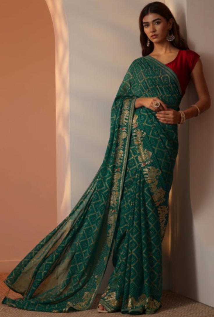 Stunning Green Printed Georgette Saree with Unstitched Blouse!