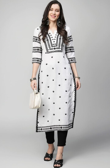 GoSriKi Women's Cotton Blend Embroidered Straight Kurta (Stho-White-Nw2-GS_S_White_Small)