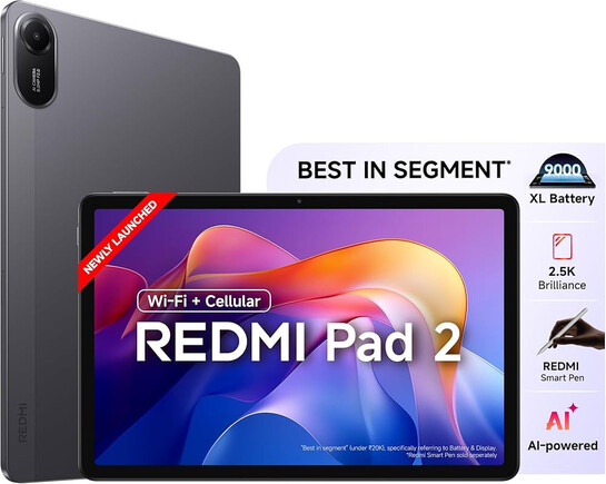 Redmi Pad 2 Wi-Fi + Cellular, Active Pen Support, 27.94cm(11") Model, 2.5K Sharp & Clear Display, 4GB, 128GB, All Day & More 9000mAh Battery, AI-Enabled, Dolby Atmos, HyperOS 2, Graphite Grey 
