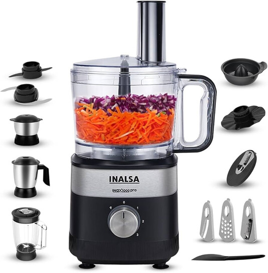 INALSA Food Processor For Kitchen With Mixer Grinder Juicer|1000 W Copper Motor|2.5L Processing Jar|Chopping,Kneading Blade|Citrus Juicer|Shredding,Slicing,Whisker&French Fries Cutter (Inox 1000 Pro) 