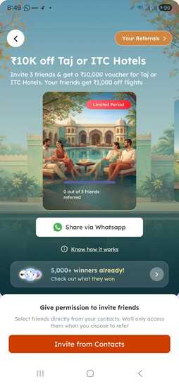 Refer 3 friends and get 10000 voucher of Taj or ITC - Scapia