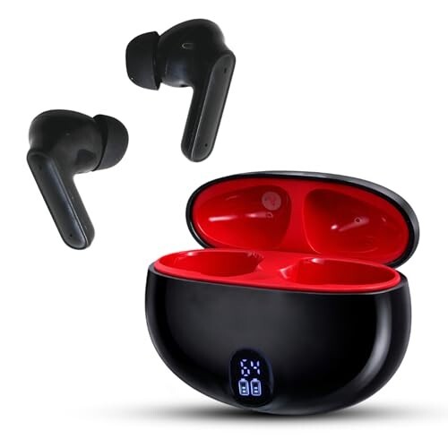 TWS True Wireless Earbuds, 13mm Drivers with Big Bass, and Noise cancelation, Led Display Bluetooth 5.3, 40H Long Playtime, Water-Resistant, 2 Mics for AI Clear Calls, Red