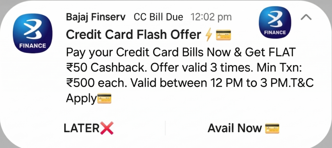 Bajaj Finserv CC Bill Pay: Get ₹50 Cashback (3 Times) on Minimum payment of Rs 500