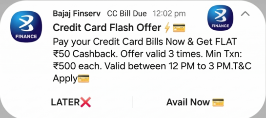 Bajaj Finserv CC Bill Pay: Get ₹50 Cashback (3 Times) on Minimum payment of Rs 500