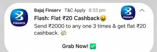 Bajaj Finserv: Get ₹20 Cashback on ₹2000 Transfer (3 Times)