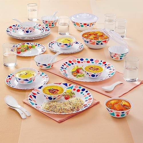 Larah By Borosil Speckle Silk Series Opalware Dinner Set with Glasses, 40 Pieces