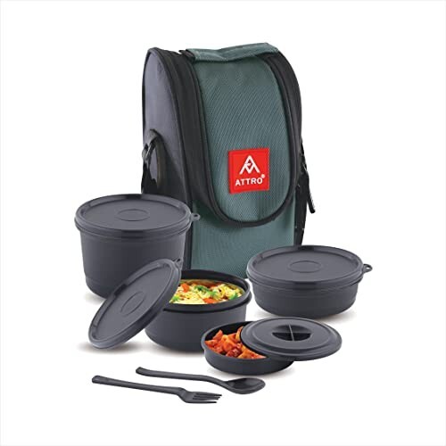 Attro Micron Stainless Steel Double Wall Lunch Box, Airtight & Leak Proof - 4 Containers with Bag