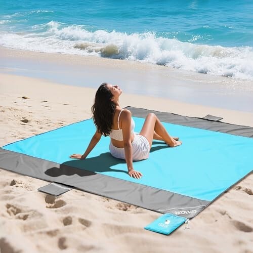 covacure Beach Blanket Waterproof Sandproof - Large Beach Blanket Sandproof Fits for 4-8 Adults, Waterproof Beach Mat with Zipper Pocket, Outdoor Beach Mat for Travel, Camping, Hiking