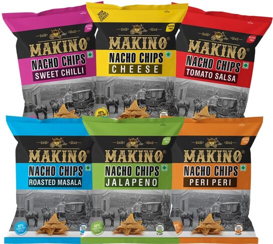 Makino Corn Chips Nachos Pack of 6 (60g Each) | Assorted Healthy Snacks & Low Calorie Munch | Nachos Chips in Fresh Flavors: Cheese, Jalapeno, Sweet Chilly, Peri Peri & Salsa | 40% Less than Regular Potato Chips 