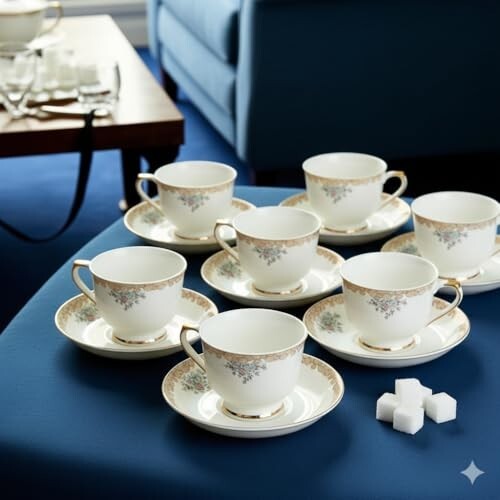 Fine Bone China White Floral Cups and Saucer Set of 6 Cup and Saucer [Apply coupon]