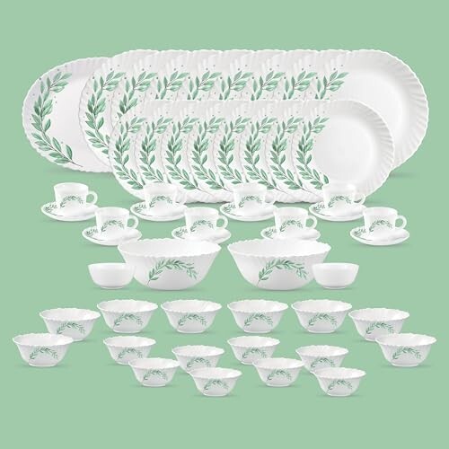 La Opala Diva Classique Collection Opal Glass Crockery | for Family of 8 | Dinner Set 53 pcs Olive Trails | White