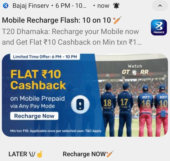 Bajaj - Flat 10 Cashback on min.10 Mobile Recharge 