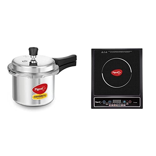 Pigeon by Stovekraft Kitchen Combo – Favourite Aluminium Pressure Cooker 3L with Outer Lid + Cruise 1800W Induction Cooktop, Crystal Glass, LED Display, Auto Switch Off, Black