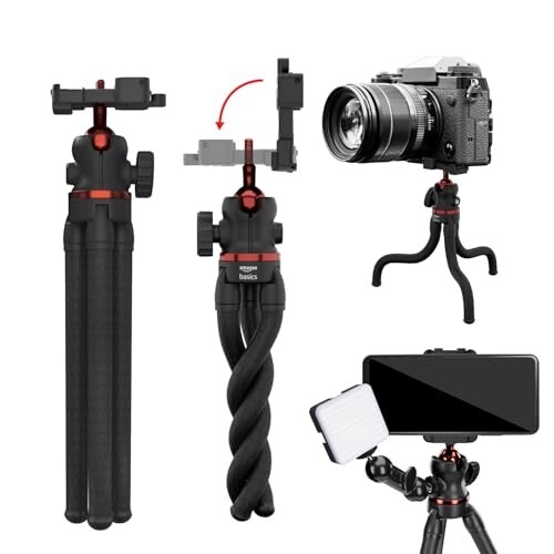 Amazon Basics Flexible Tripod with Hidden Phone Holder & Cold Shoe Mount | Red