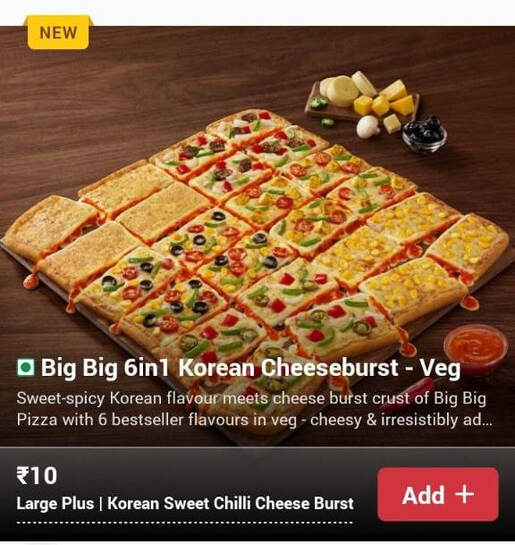Dominos Full Pizza Menu at ₹10