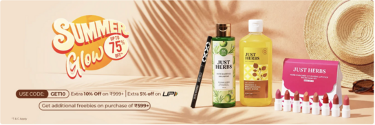 Justherbs - Summer Glow Upto 75% off | + Extra 10% off + additional freebies on 599+