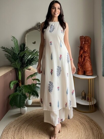 Keitra Women Floral Printed Regular Pure Cotton Kurta With Palazzos