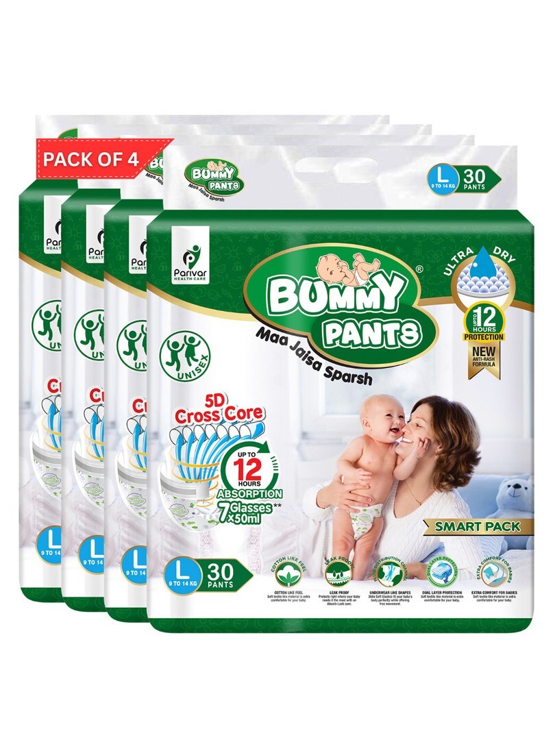 Bummy Pants Set Of 4 Allergy Free Ultra Fast Absorption Baby Diaper L 30 Pcs Each (120pcs)