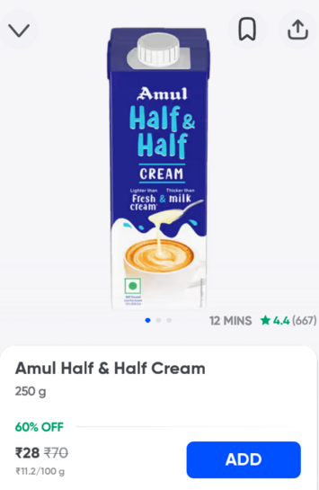 Instamart - Amul Half & Half Cream - 28rs, MRP-70rs (60% off), Pincode specific 