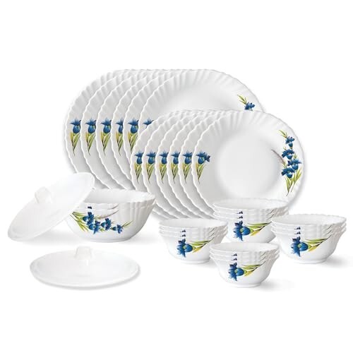 Larah by Borosil Nina Fluted Series Opalware Dinner Set | 28 Pieces for Family of 6 | White