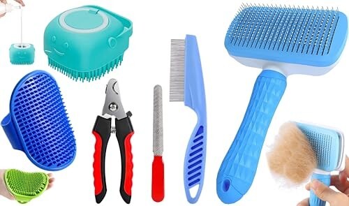 5-in-1 Pet Grooming Kit for Dogs & Cats – Includes Self Cleaning Brush, Cat Comb, Silicone Bath Scrubber, Flea Comb & Nail Clipper 