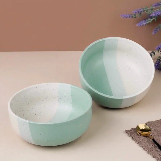 The Earth Store TT Green Large Ceramic Bowl Set of 2, 800 ML | Microwave & Dishwasher Safe Serving Bowl for Mixing |  Cereal, Noodle, Pasta | 