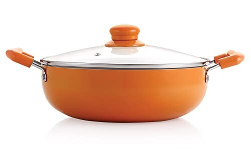 NIRLON Ceramic Non Stick Induction Aluminium Kadhai with Glass Lid, 2.25 litres, Orange [Apply Coupon]